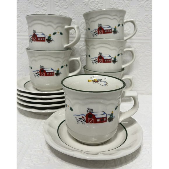 6 Christmas Cups & Saucers PFALTZGRAFF Country Scene with Barn Animals & Farmer - Picture 4 of 10